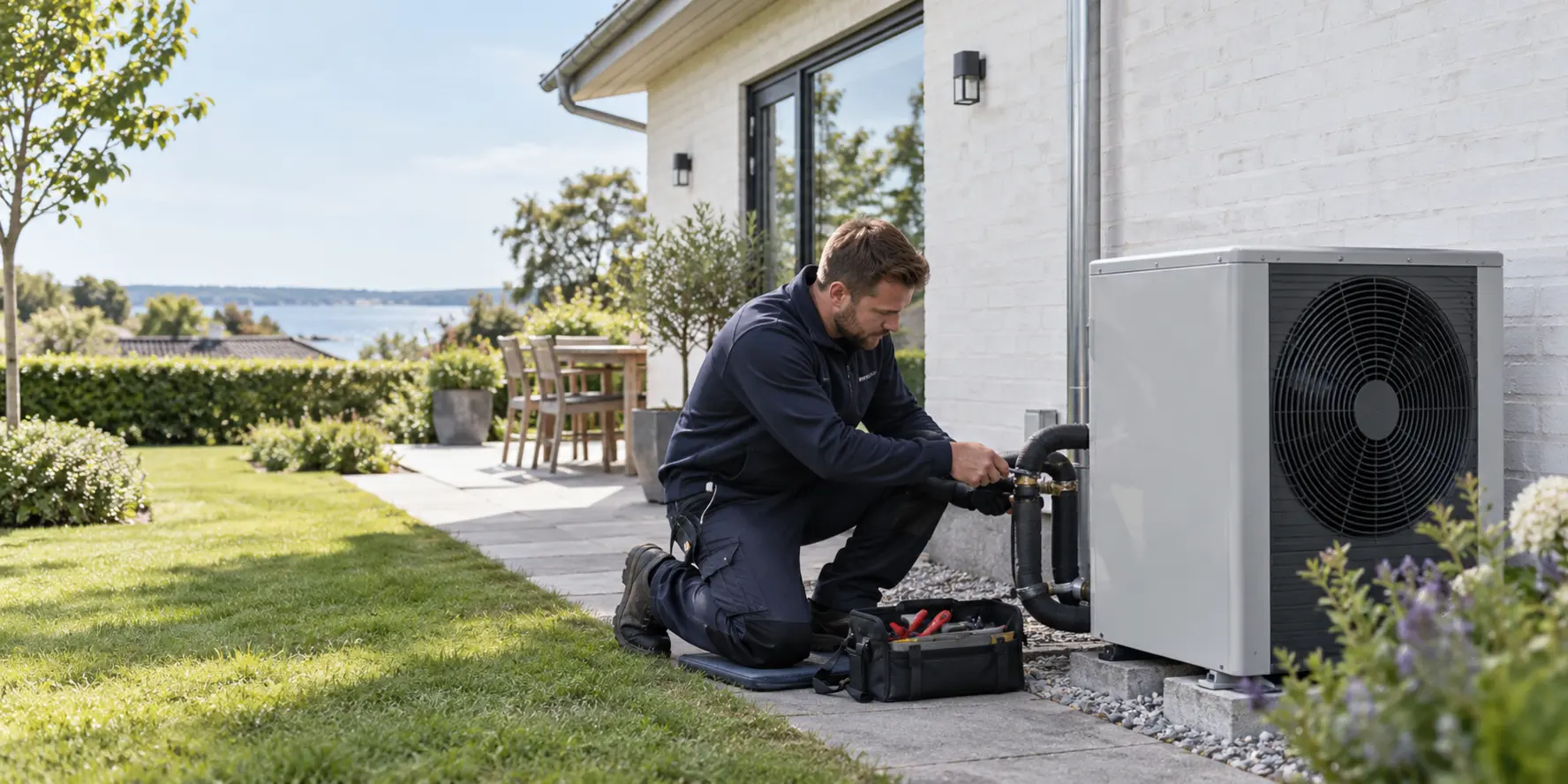 Professionel installatør monterer en varmepumpe ved et dansk hus